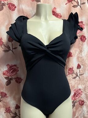 Haute Monde Black Twist Front Puff Sleeve Bodysuit